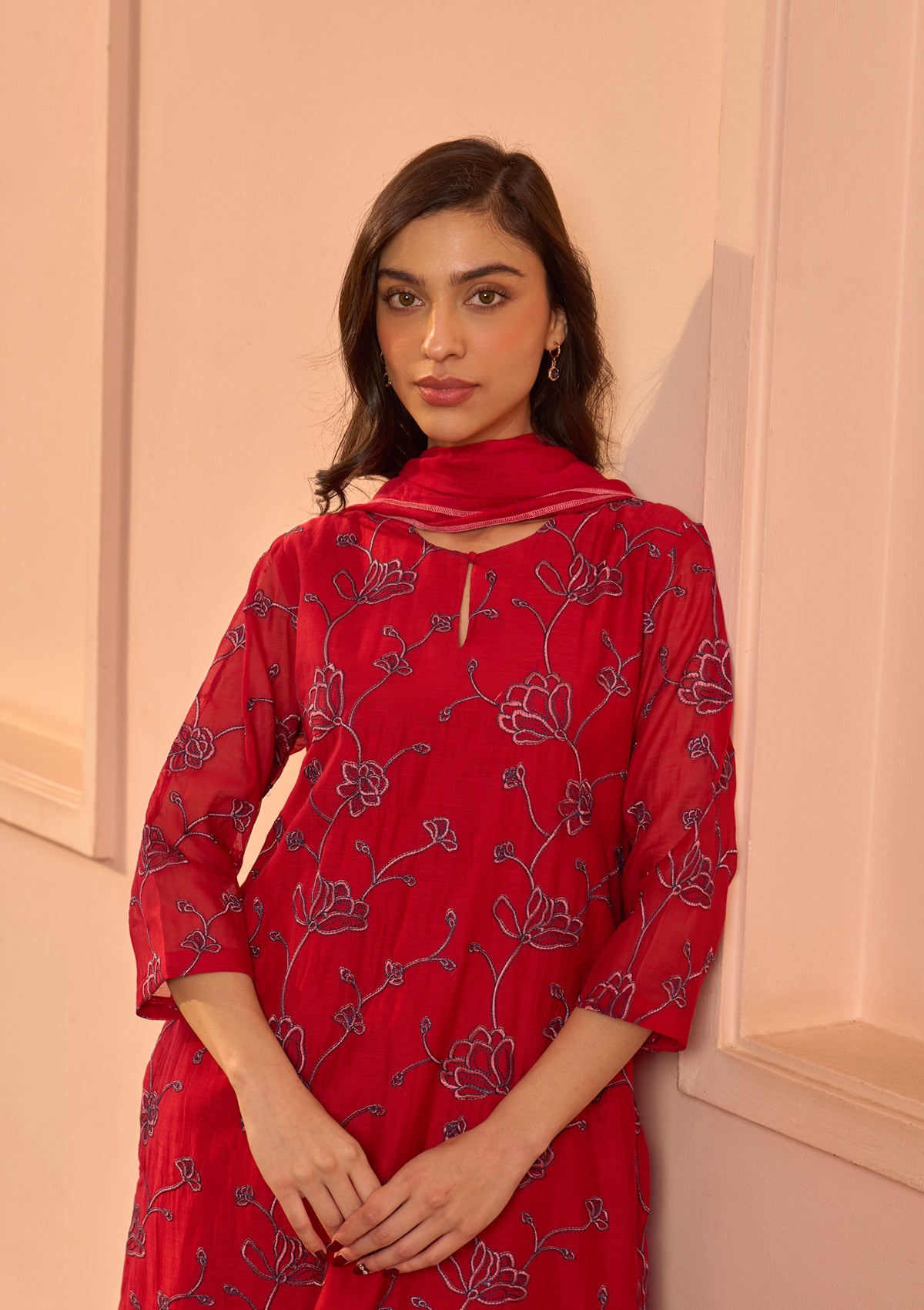 Cherry Red Embroidered Kurta Set