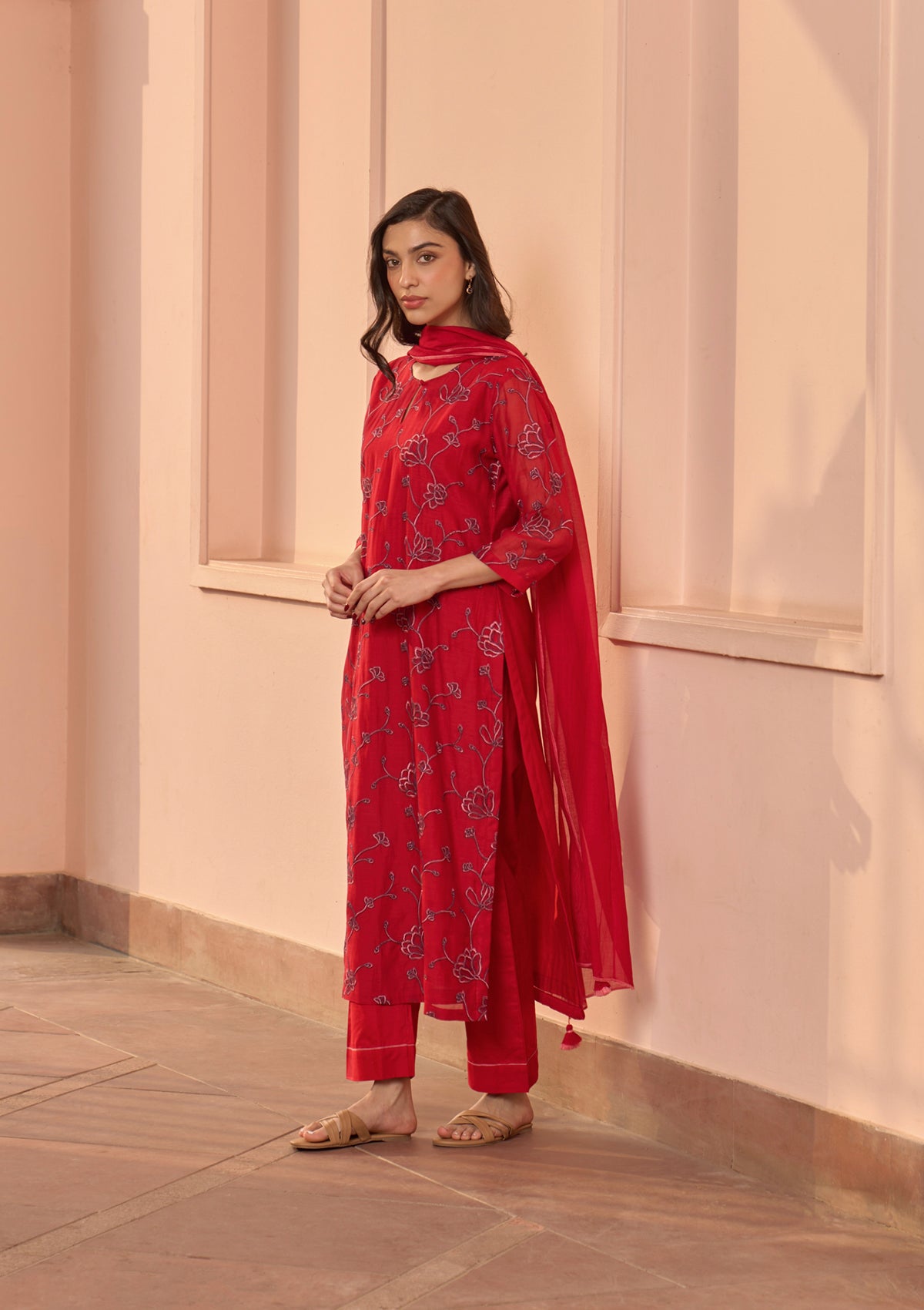 Cherry Red Embroidered Kurta Set