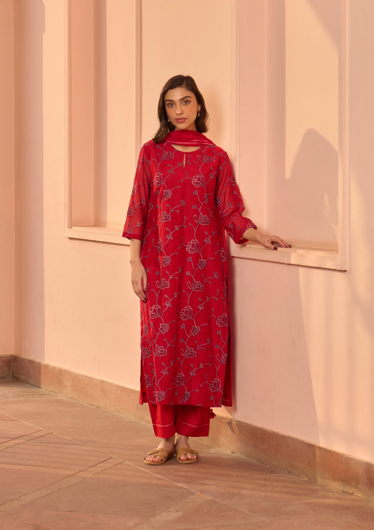 Cherry Red Embroidered Kurta Set