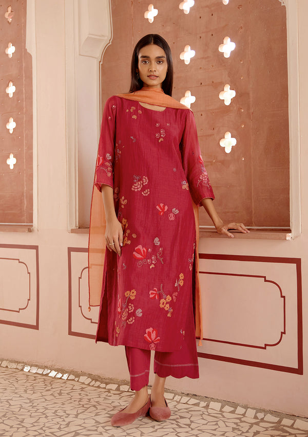 Berry Floral Embroidered Kurta Set