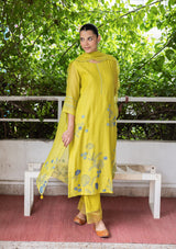 LIME FLORAL APPLIQUE KURTA SET