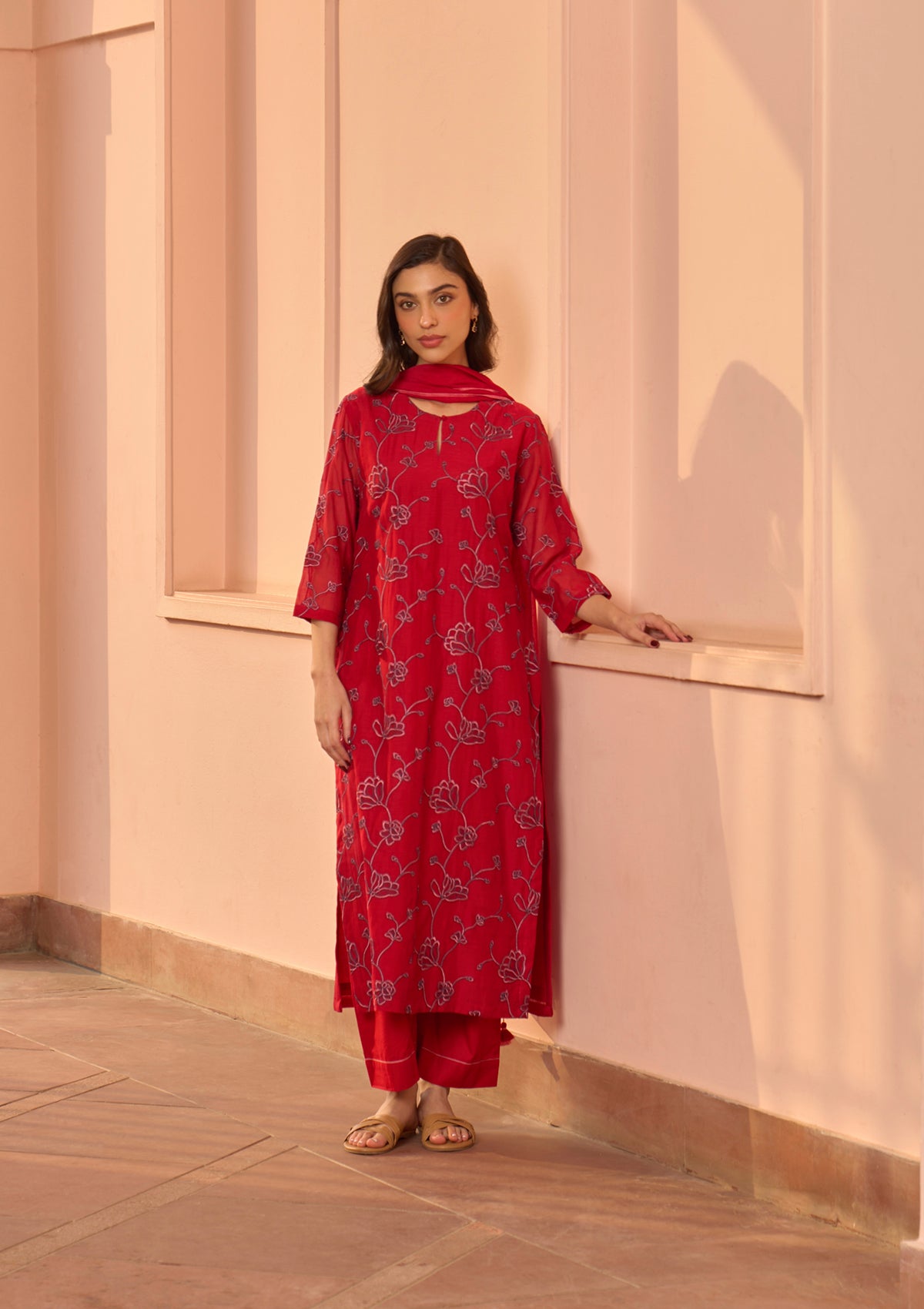 Cherry Red Embroidered Kurta Set