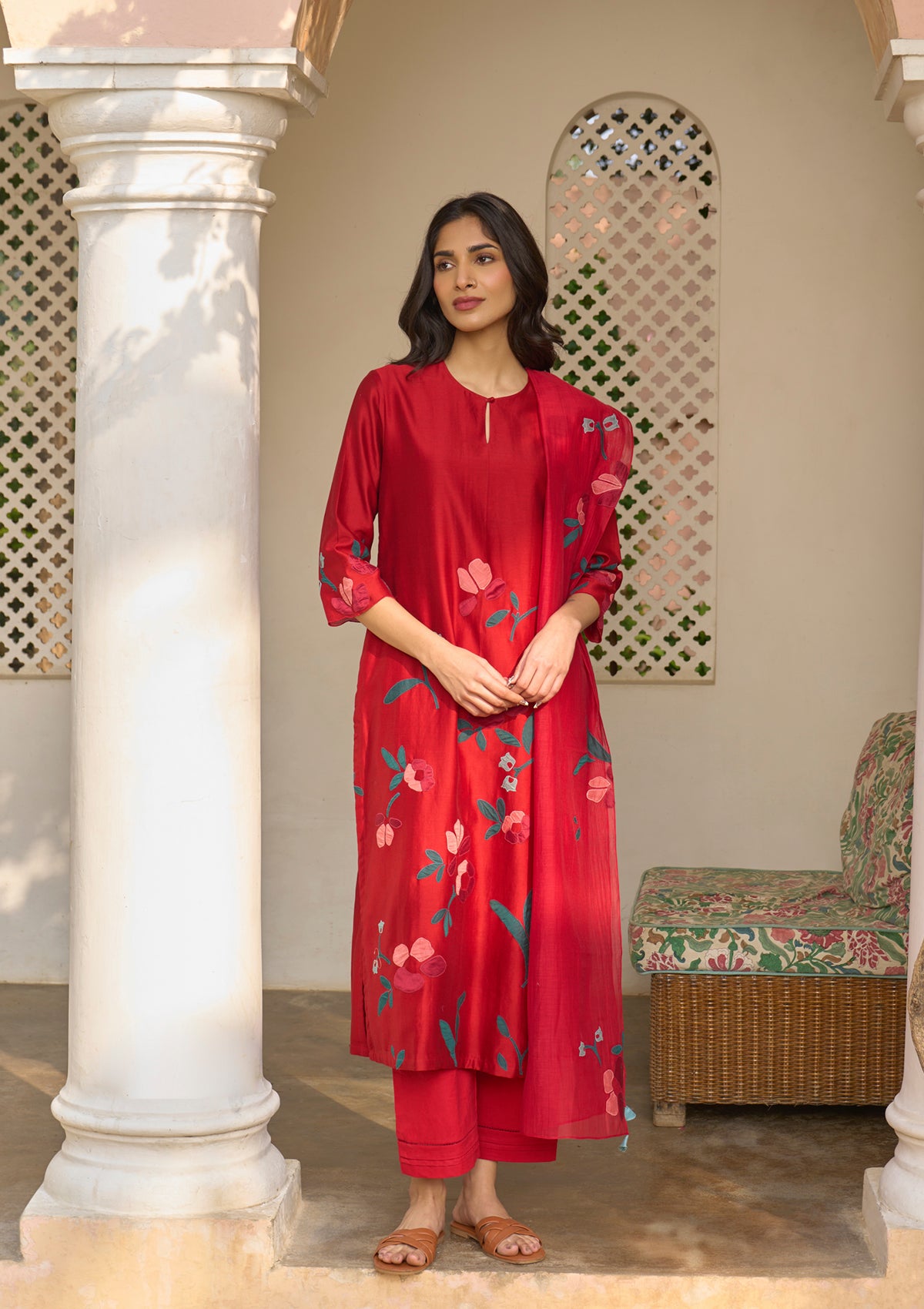 Cherry Red Applique Kurta Set
