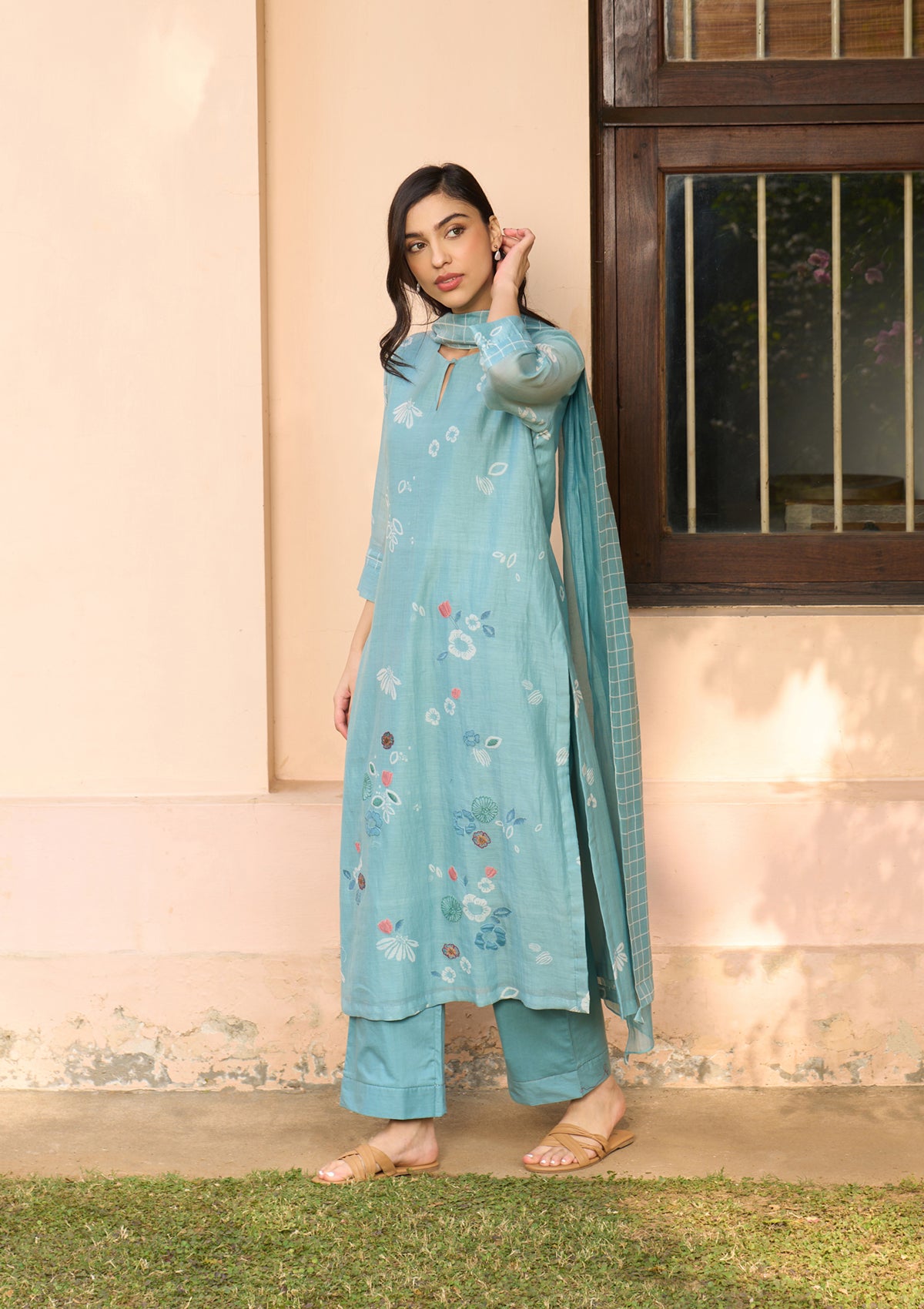Powder Blue Floral Kurta Set