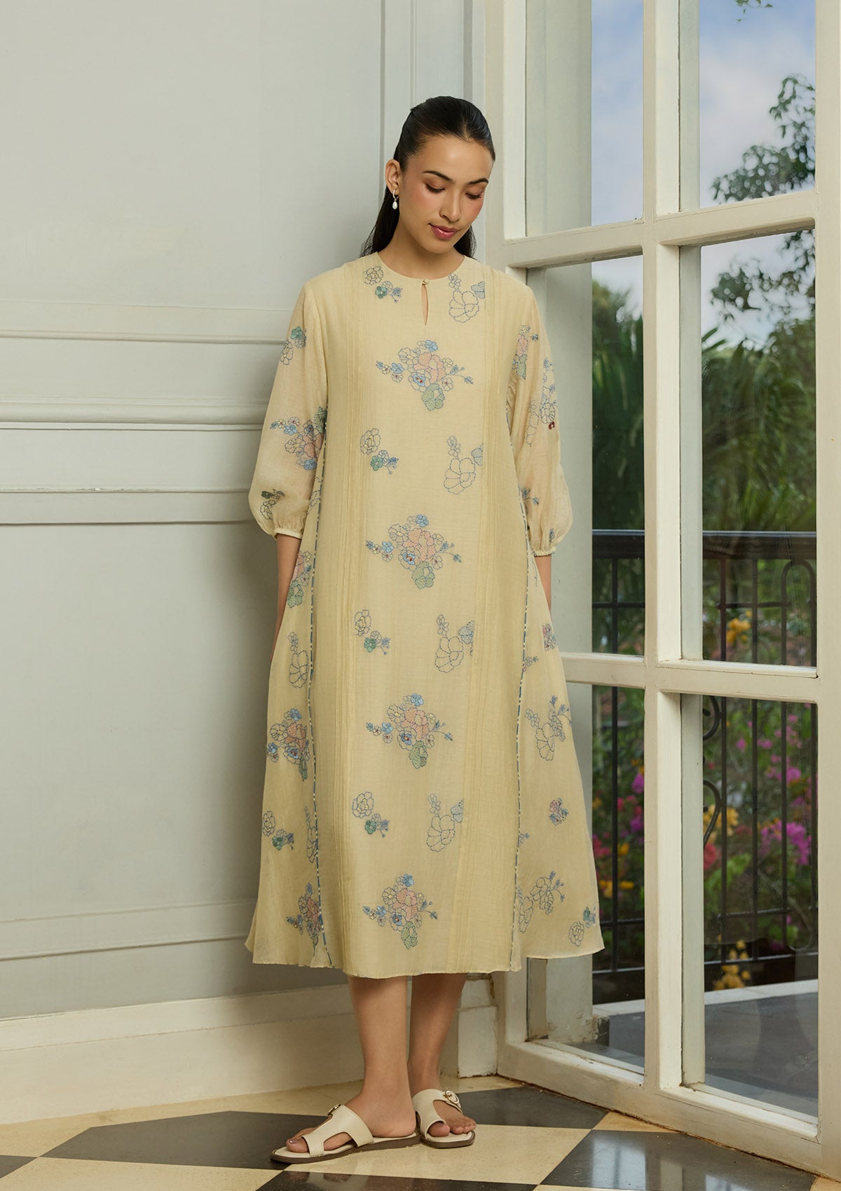 Ecru Thread Embroidered Dress