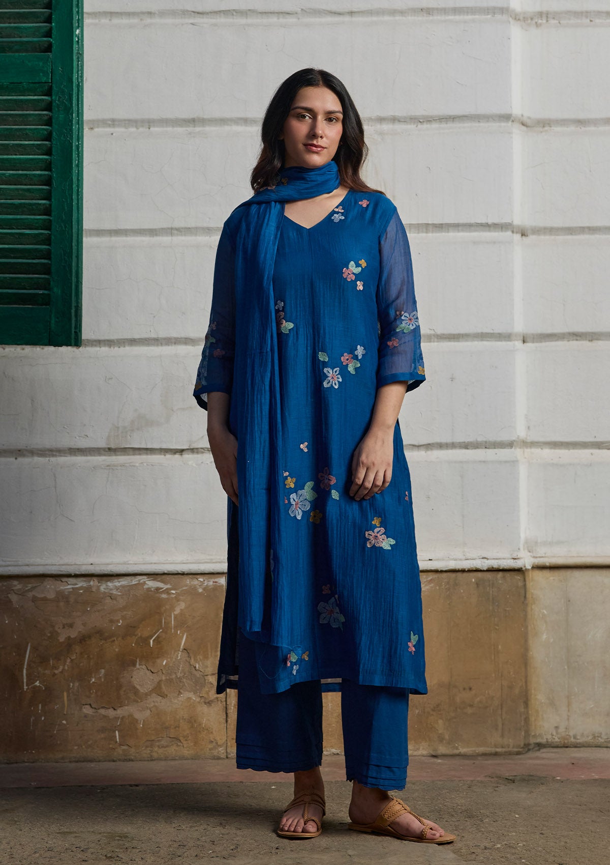 Indigo Floral Thread  Embroidered Kurta Set