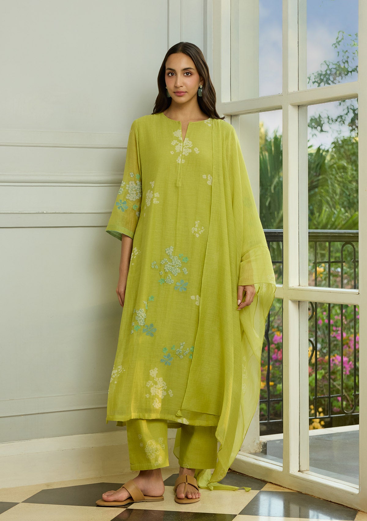 Lime Thread Embroidered Kurta Set