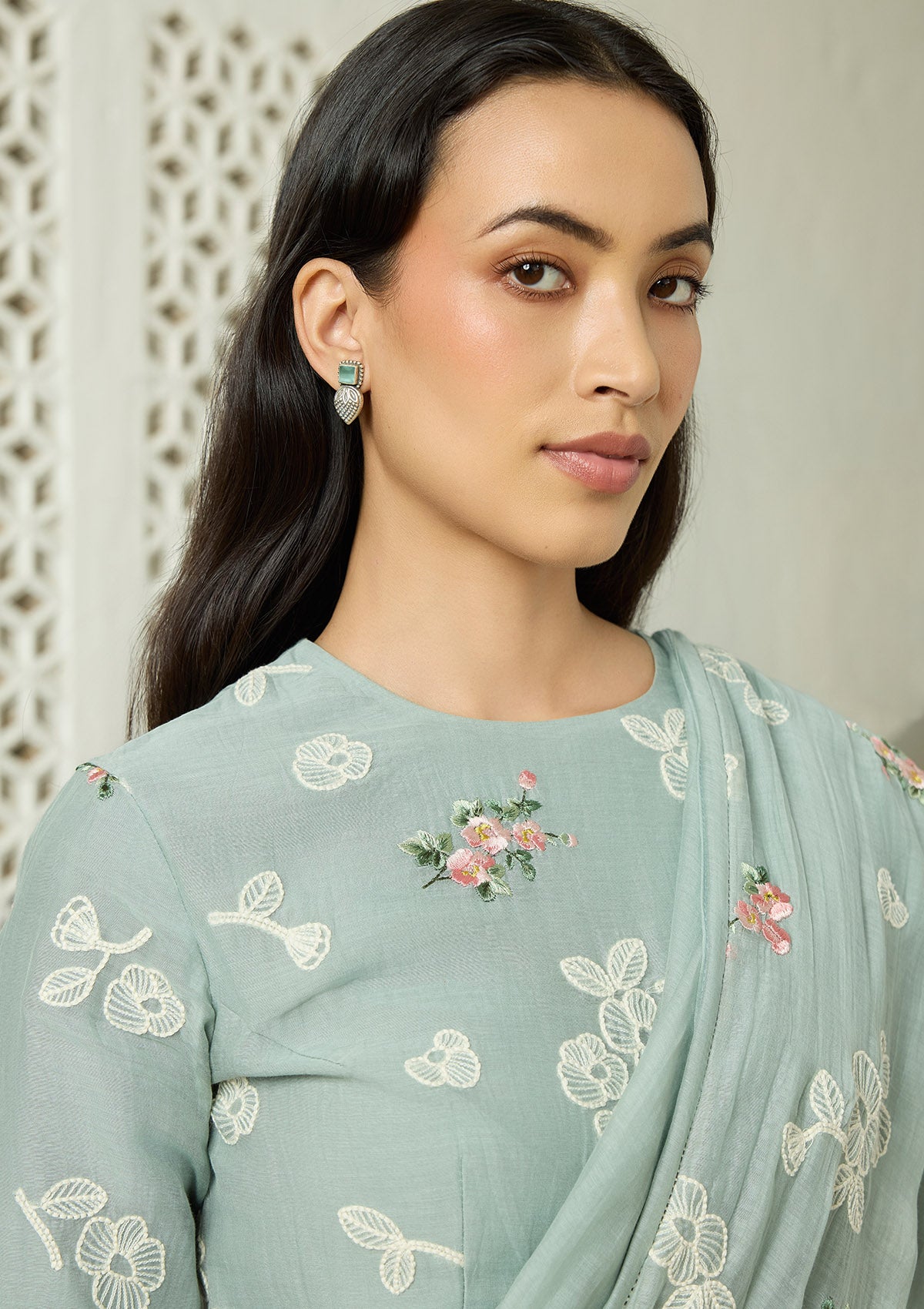 Sage Thread Embroidered Saree
