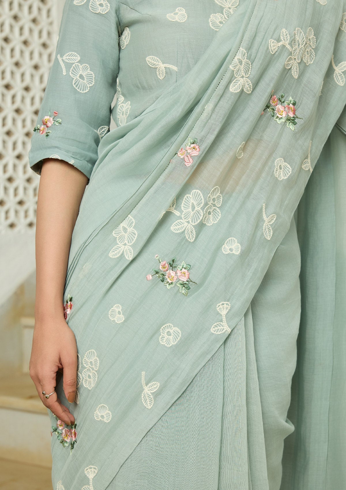 Sage Thread Embroidered Saree