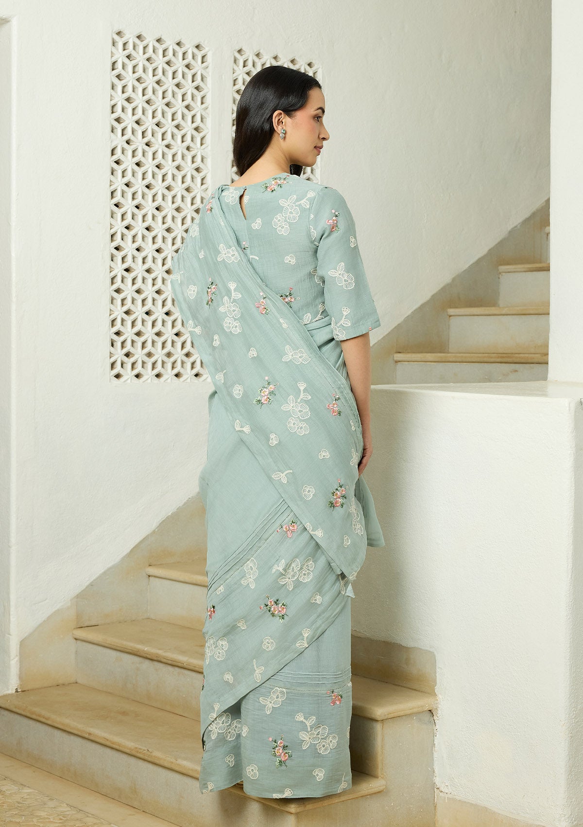 Sage Thread Embroidered Saree