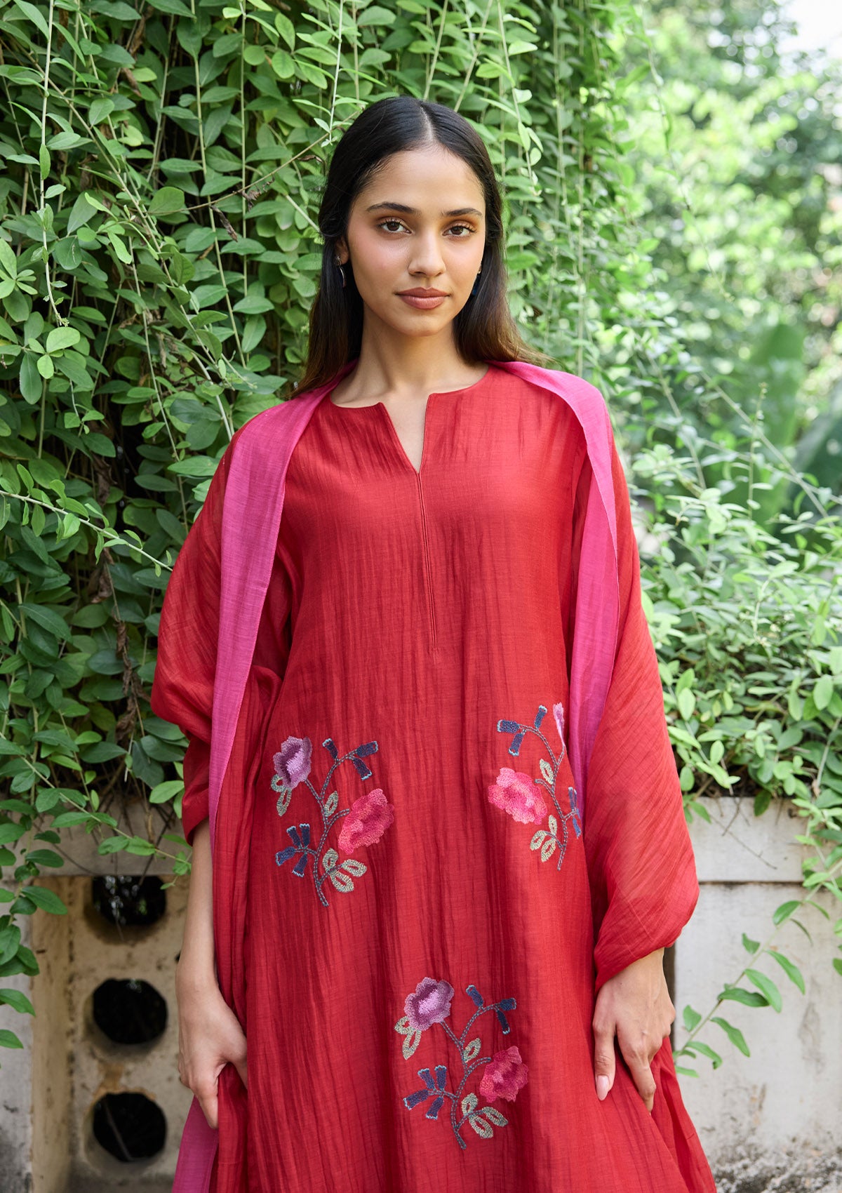 Crimson Floral Thread Embroidered Kurta Set