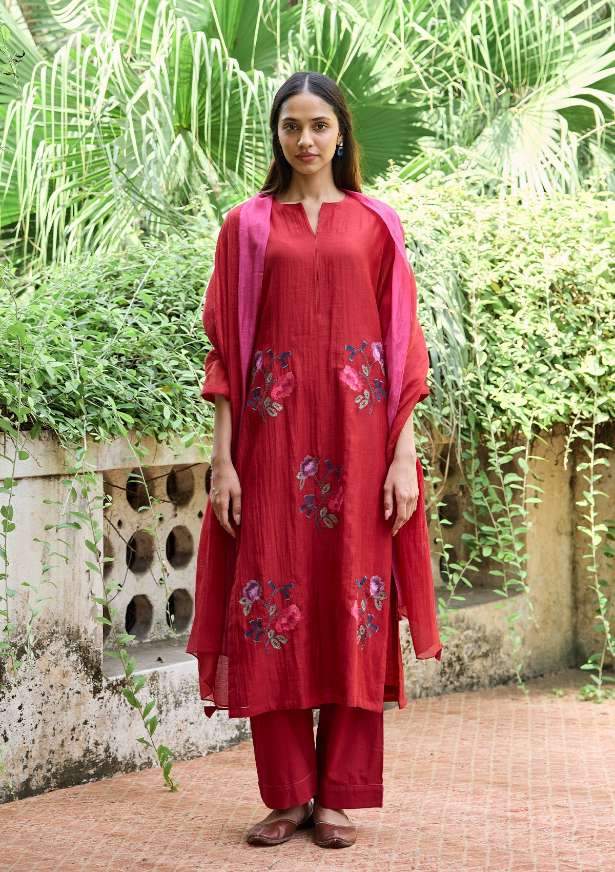 Crimson Floral Thread Embroidered Kurta Set