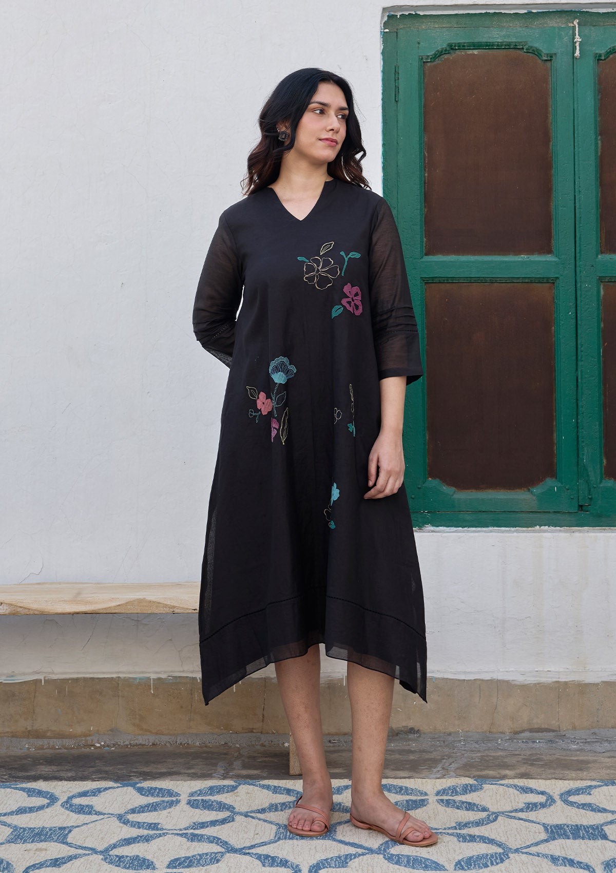 Coal Applique Floral Dress