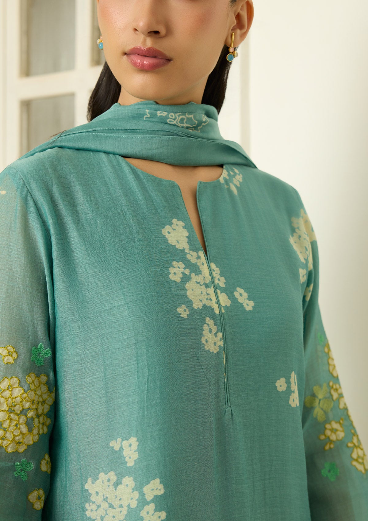 Aqua Floral Applique Kurta Set