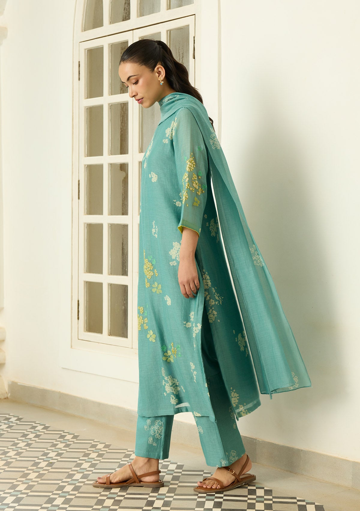 Aqua Floral Applique Kurta Set