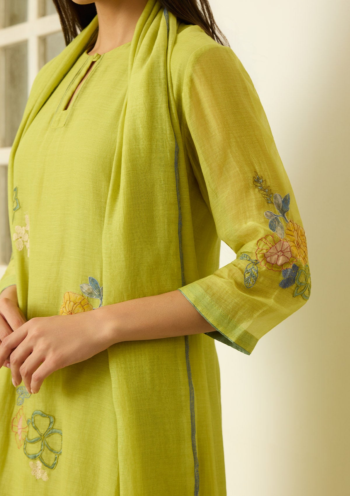 Lime Applique Floral Kurta Set