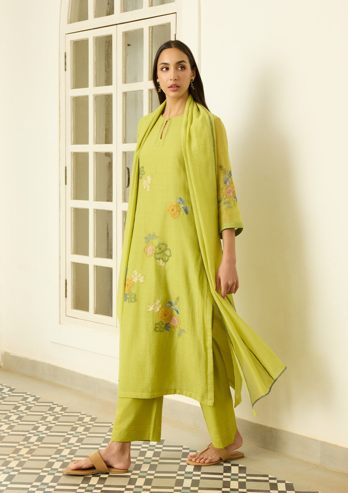 Lime Applique Floral Kurta Set