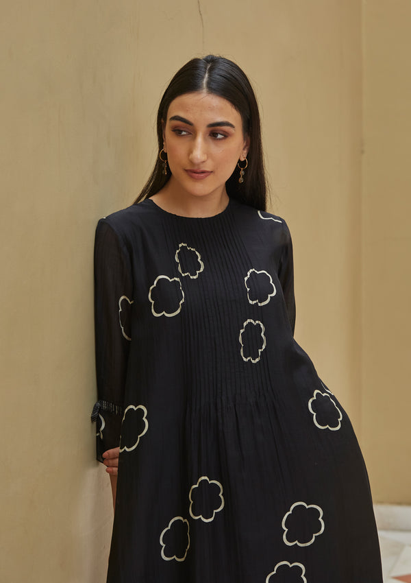 Onyx Floral Pintuck Dress