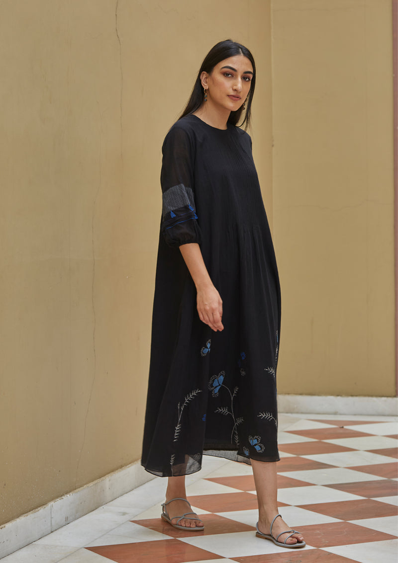 Onyx Applique Pintuck Floral Dress