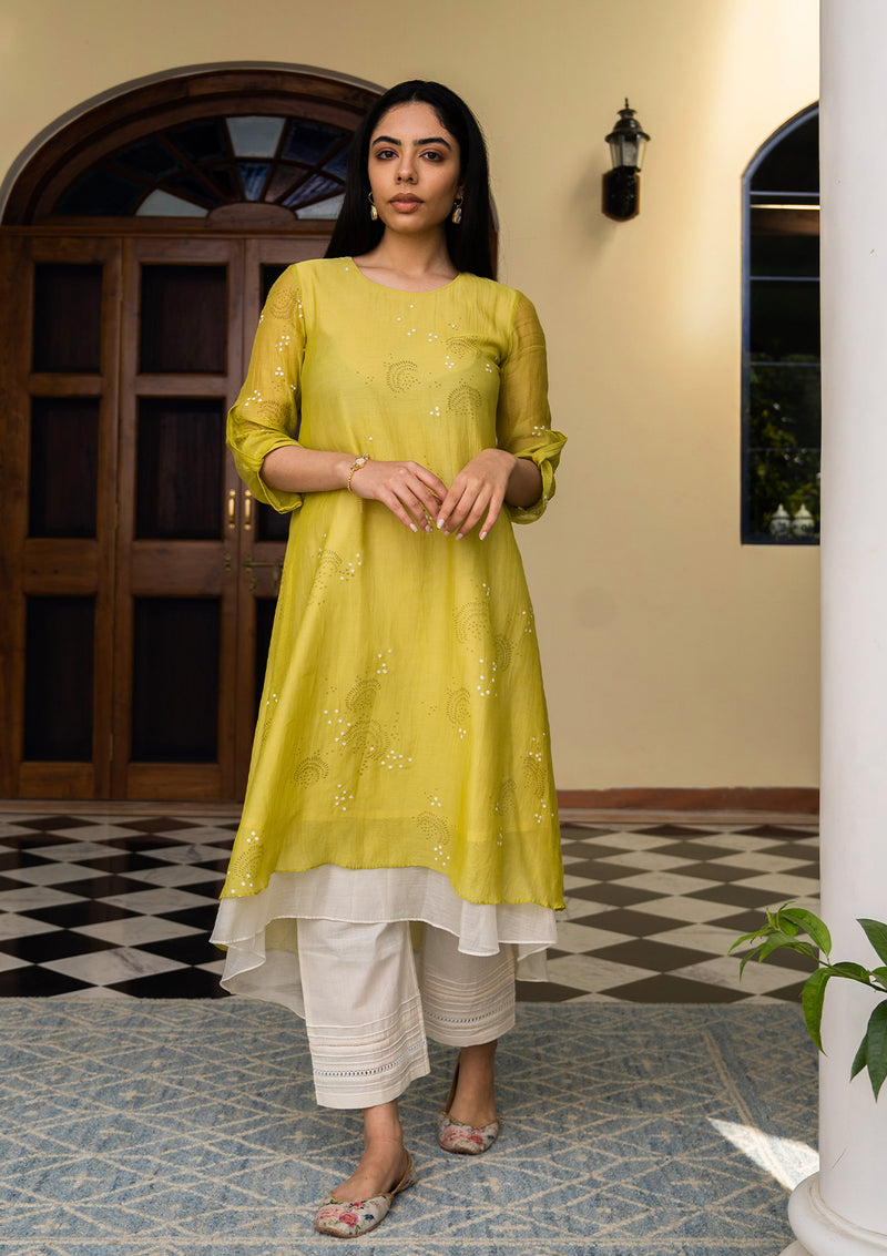 Lime Printed and Embroidered Kurta Set