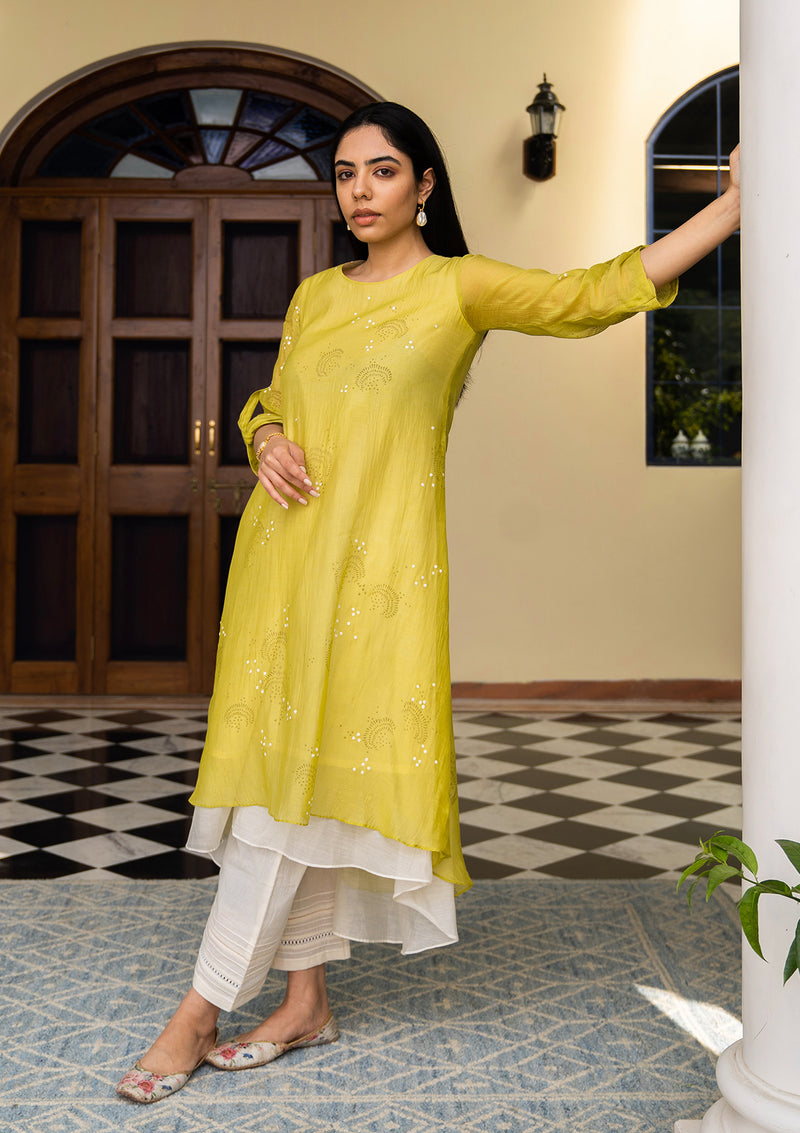 Lime Printed and Embroidered Kurta Set