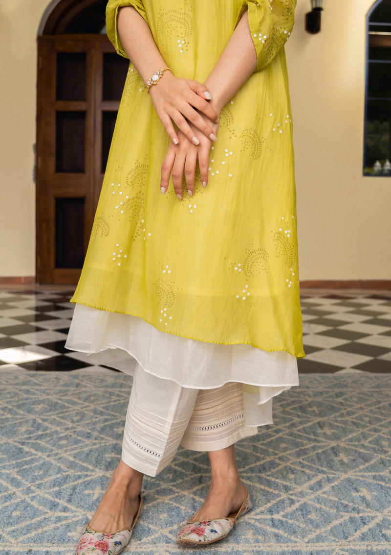 Lime Printed and Embroidered Kurta Set