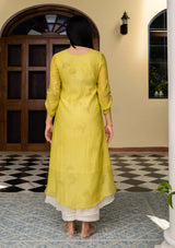 Lime Printed and Embroidered Kurta Set