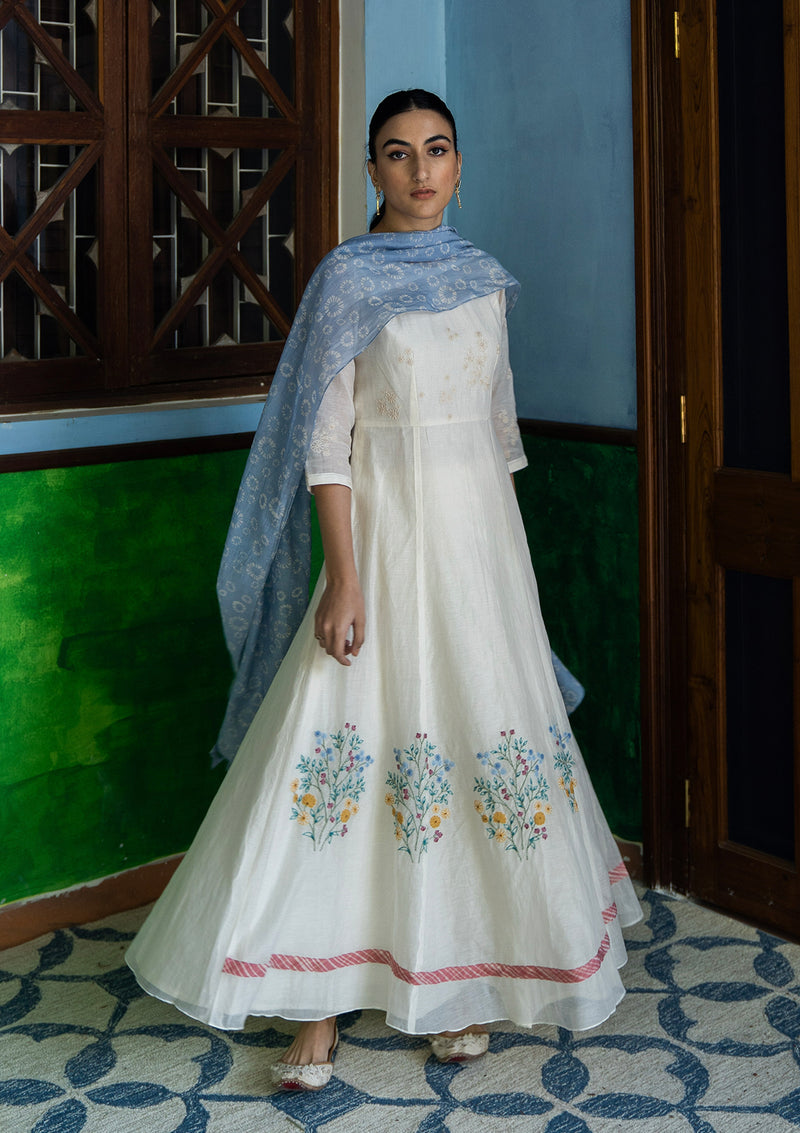 Porcelain & Sky Thread Embroidered Anarkali Set